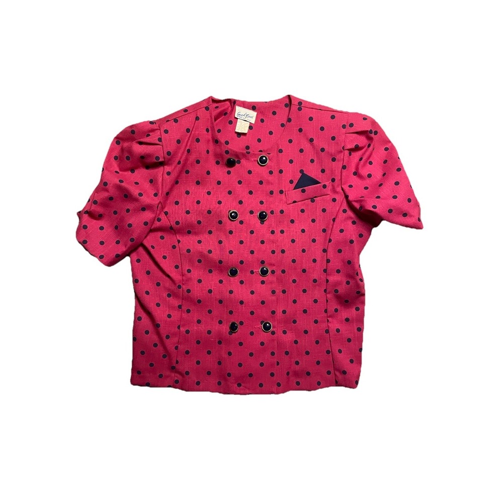Vintage 80s Good Times  Hot Pink Black Polka Dot Oversized Collar Blouse 14P